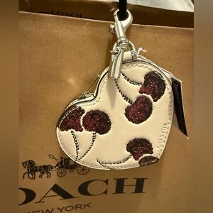Coach Cream Heart Bag Charm/ Coin Purse with Red Cherry Appliqués